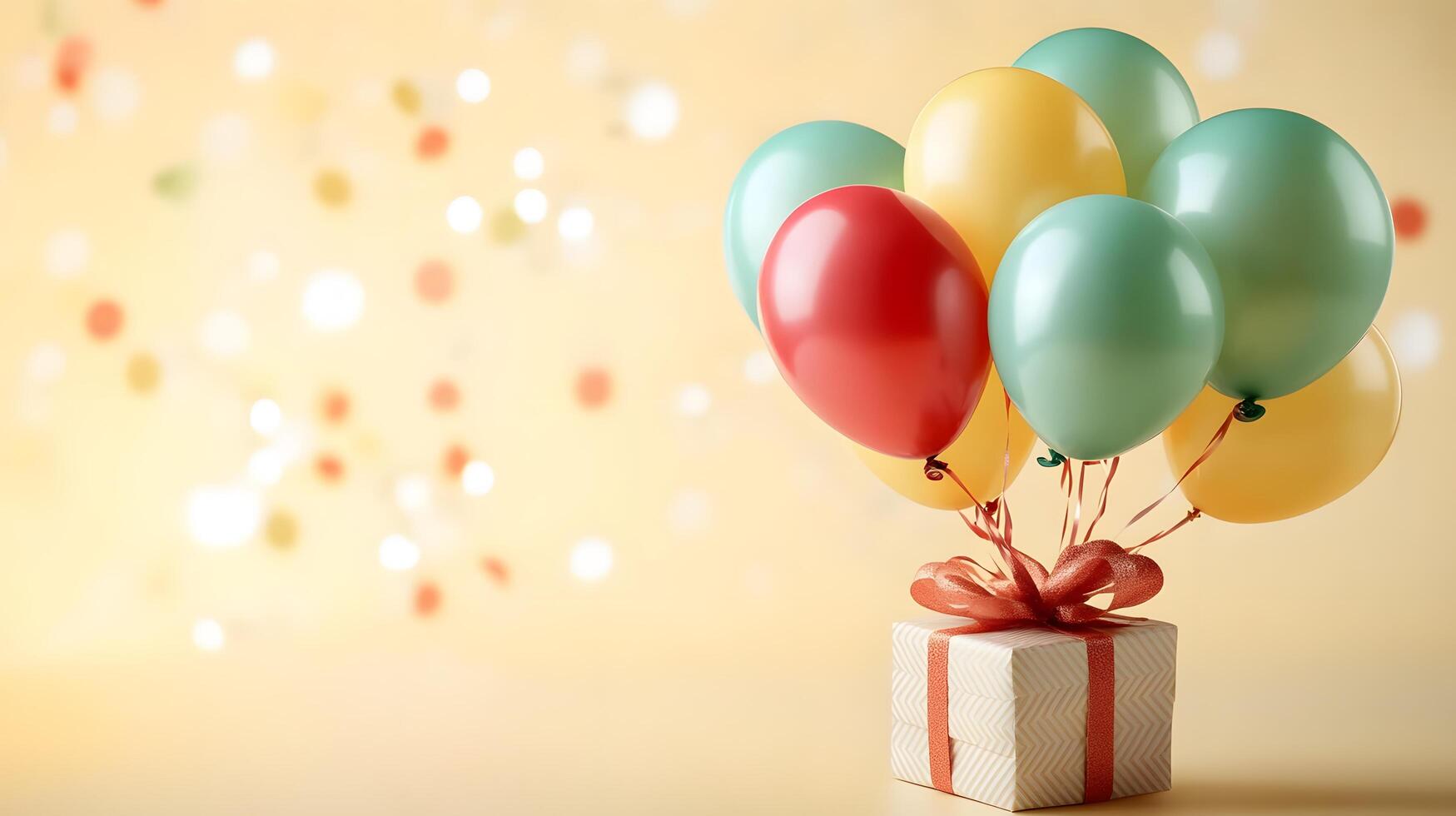 Colorful party balloons in red, yellow, and green latex surround wrapped gift box with ribbon, creating festive atmosphere against light yellow background with bokeh light effects. bokeh photo