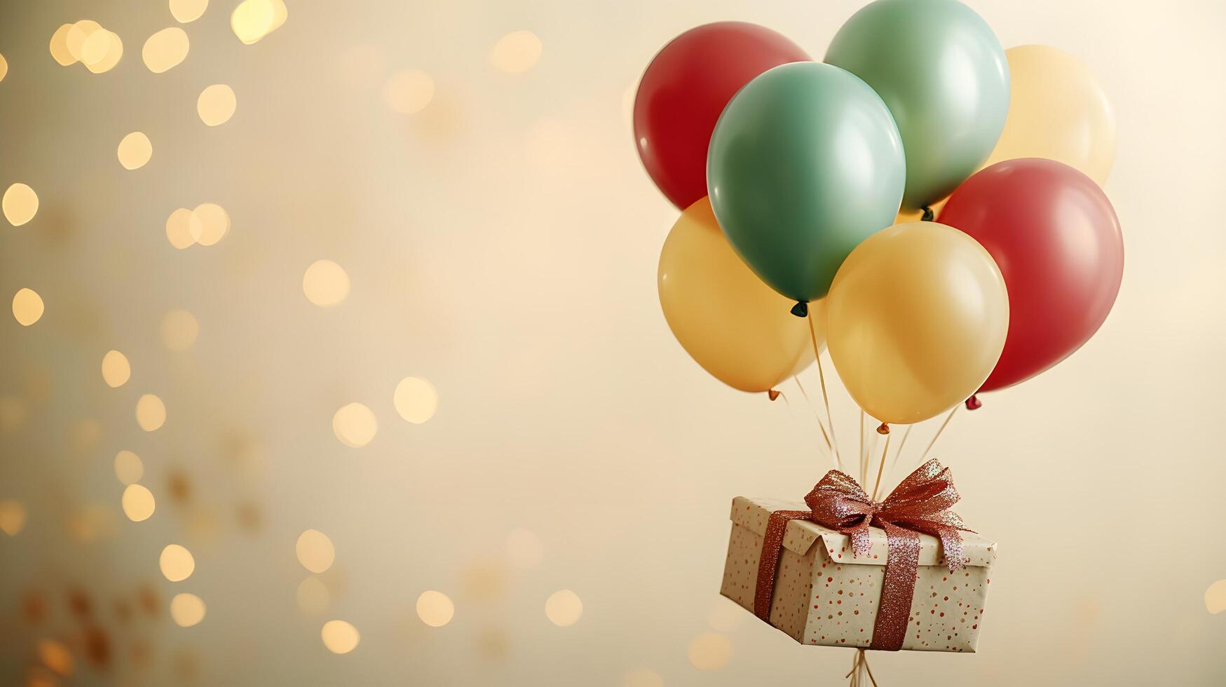 Colorful party balloons in red, yellow, and green latex surround wrapped gift box with ribbon, creating festive atmosphere against light yellow background with bokeh light effects. cheerful photo