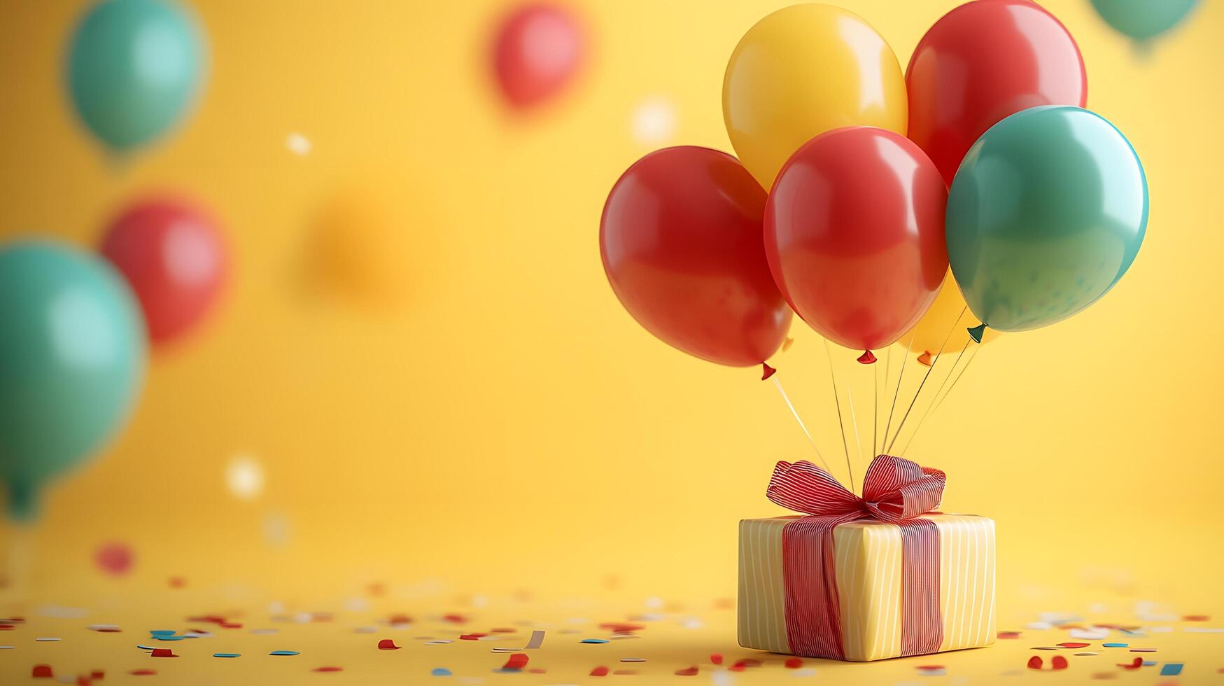 Colorful party balloons in red, yellow, and green latex surround wrapped gift box with ribbon, creating festive atmosphere against light yellow background with bokeh light effects. joyful photo