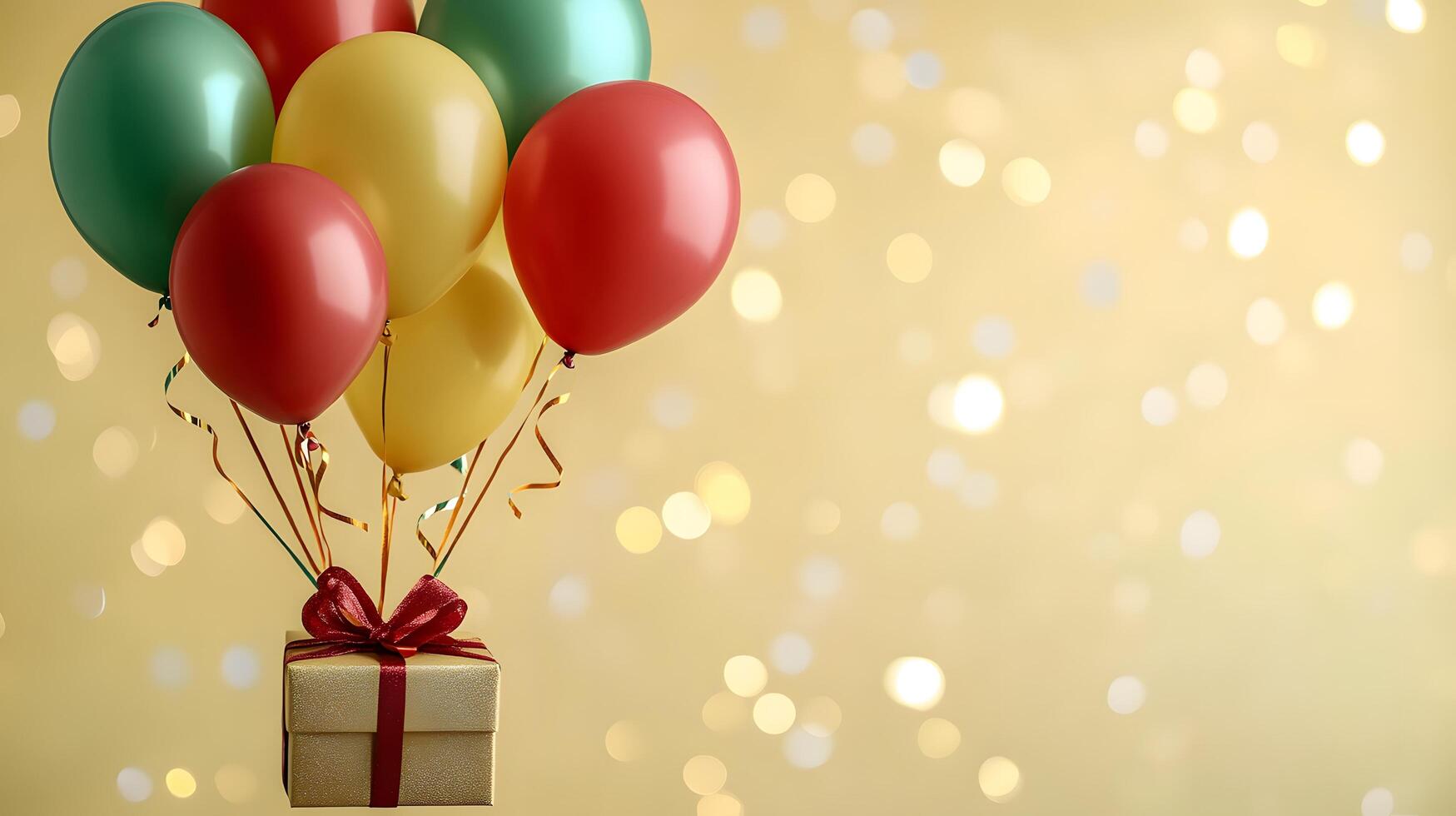 Colorful party balloons in red, yellow, and green latex surround wrapped gift box with ribbon, creating festive atmosphere against light yellow background with bokeh light effects. floating photo