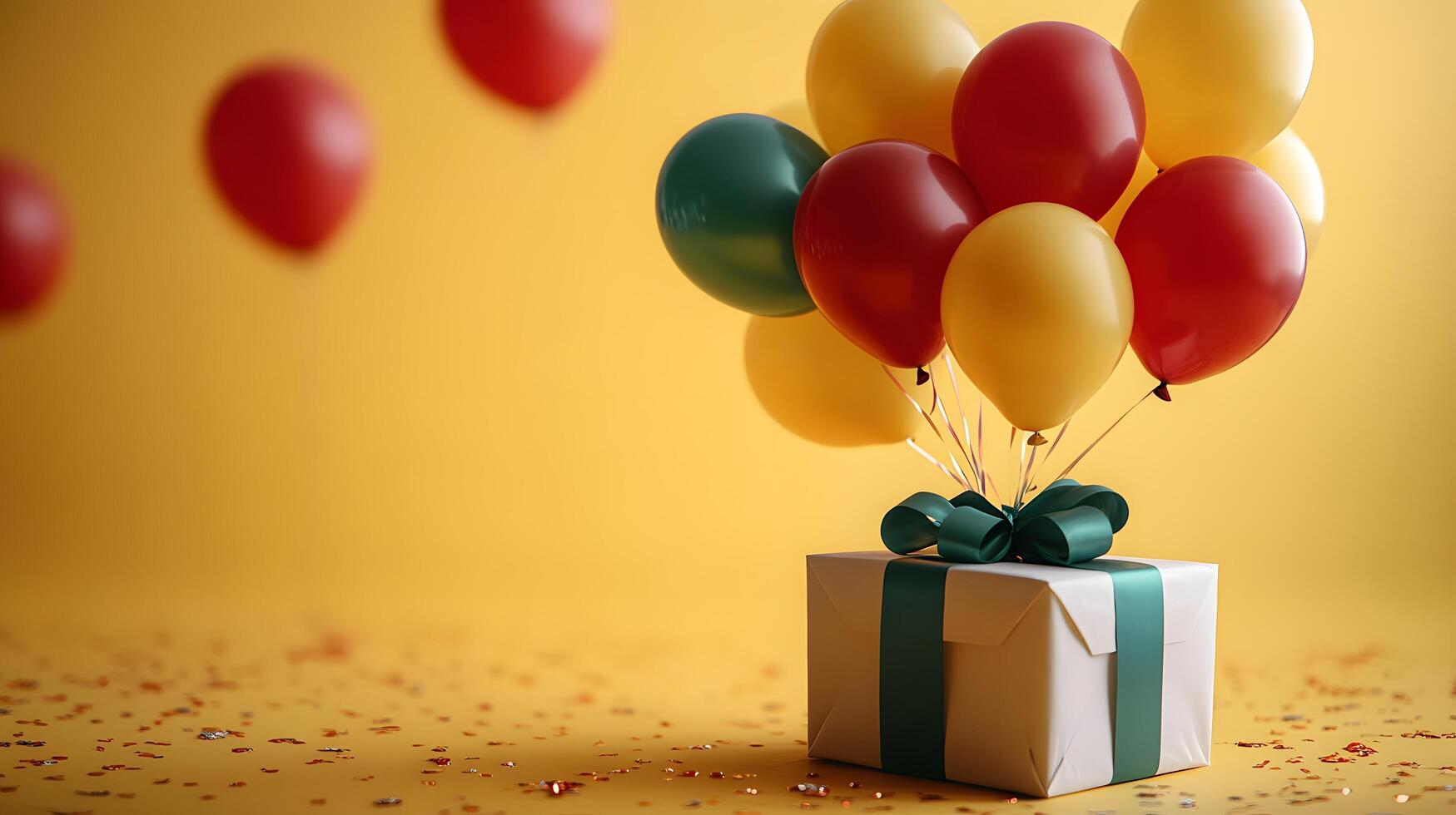 Colorful party balloons in red, yellow, and green latex surround wrapped gift box with ribbon, creating festive atmosphere against light yellow background with bokeh light effects. playful photo