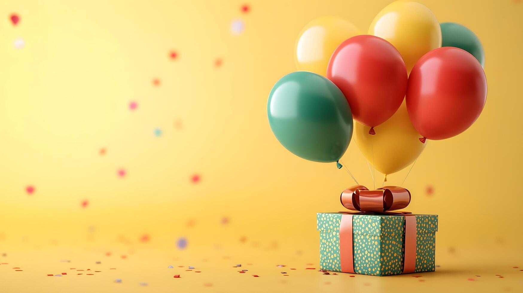 Colorful party balloons in red, yellow, and green latex surround wrapped gift box with ribbon, creating festive atmosphere against light yellow background with bokeh light effects. celebratory photo