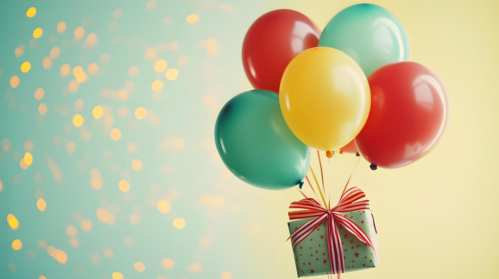 Colorful party balloons in red, yellow, and green latex surround wrapped gift box with ribbon, creating festive atmosphere against light yellow background with bokeh light effects. inflated photo