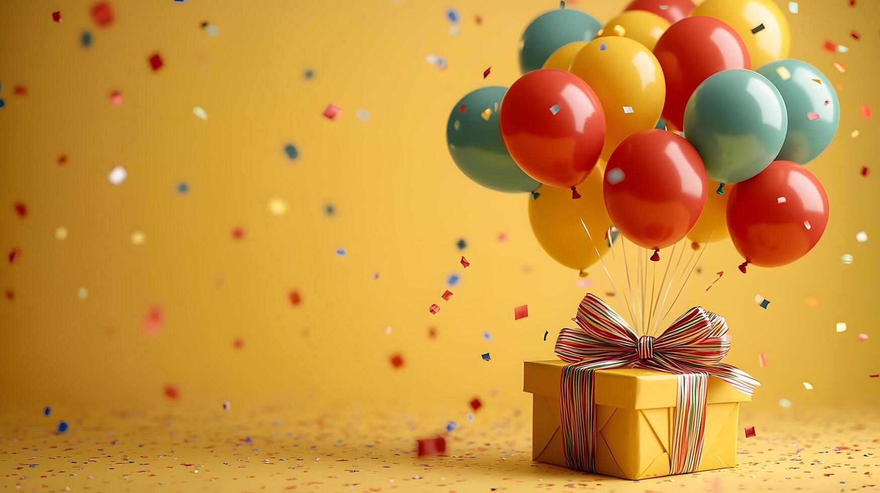 Colorful party balloons in red, yellow, and green latex surround wrapped gift box with ribbon, creating festive atmosphere against light yellow background with bokeh light effects. entertainment photo