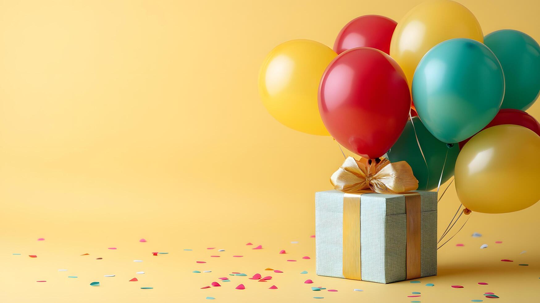 Colorful party balloons in red, yellow, and green latex surround wrapped gift box with ribbon, creating festive atmosphere against light yellow background with bokeh light effects. gathering photo