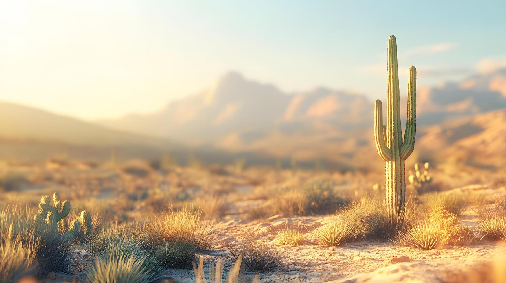 Desert landscape features towering saguaro cactus against soft bokeh background with arid mountain range and sandy terrain, creating minimalist composition in sun-bleached atmosphere. hardy photo