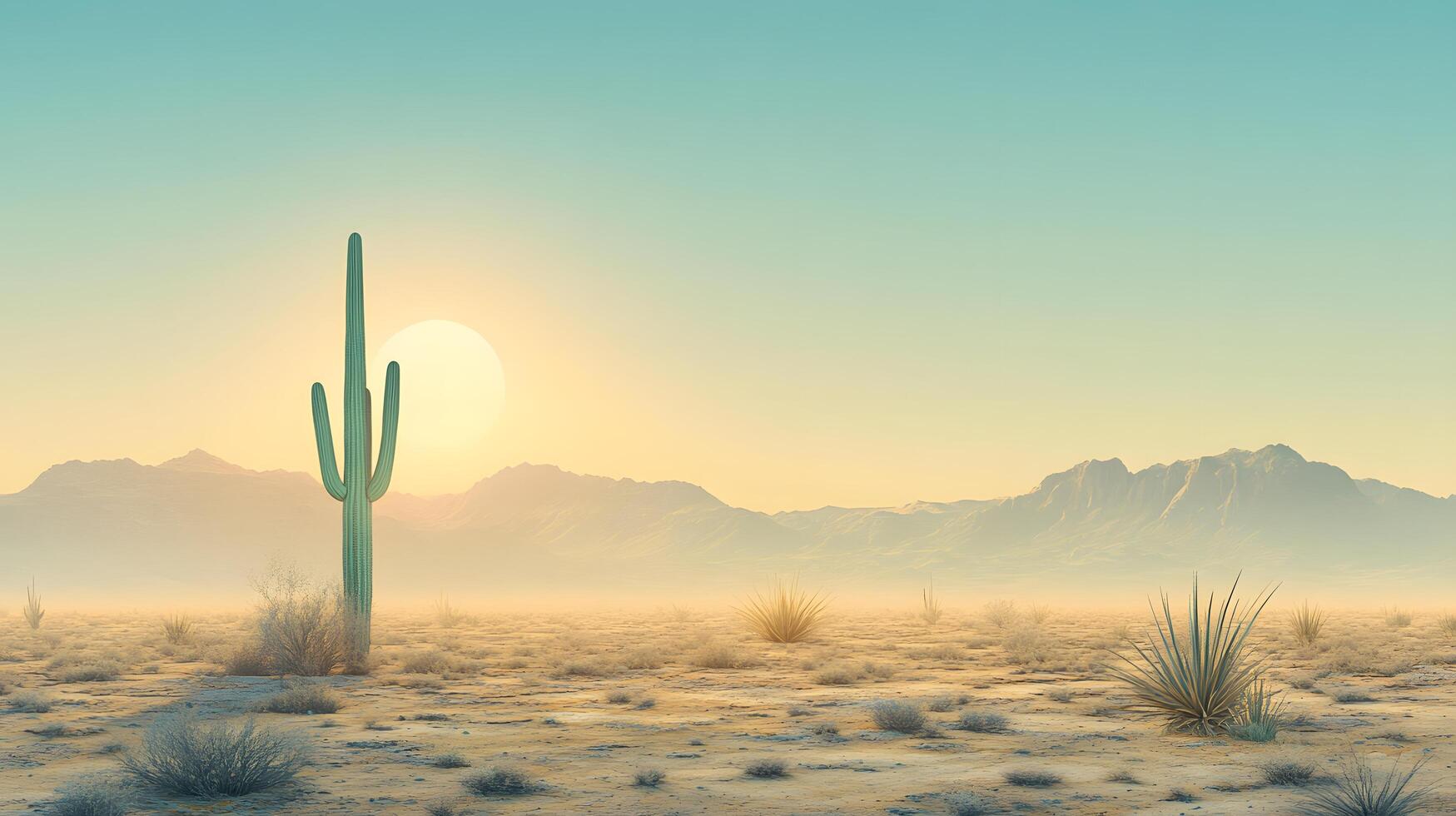 Desert landscape features towering saguaro cactus against soft bokeh background with arid mountain range and sandy terrain, creating minimalist composition in sun-bleached atmosphere. plant photo