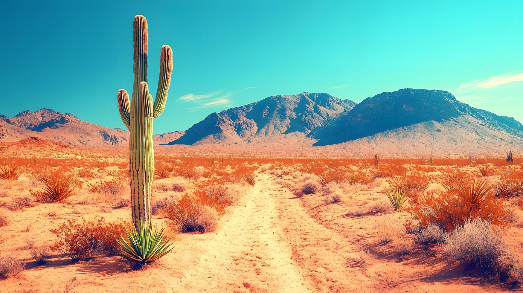 Desert landscape features towering saguaro cactus against soft bokeh background with arid mountain range and sandy terrain, creating minimalist composition in sun-bleached atmosphere. ecosystem photo