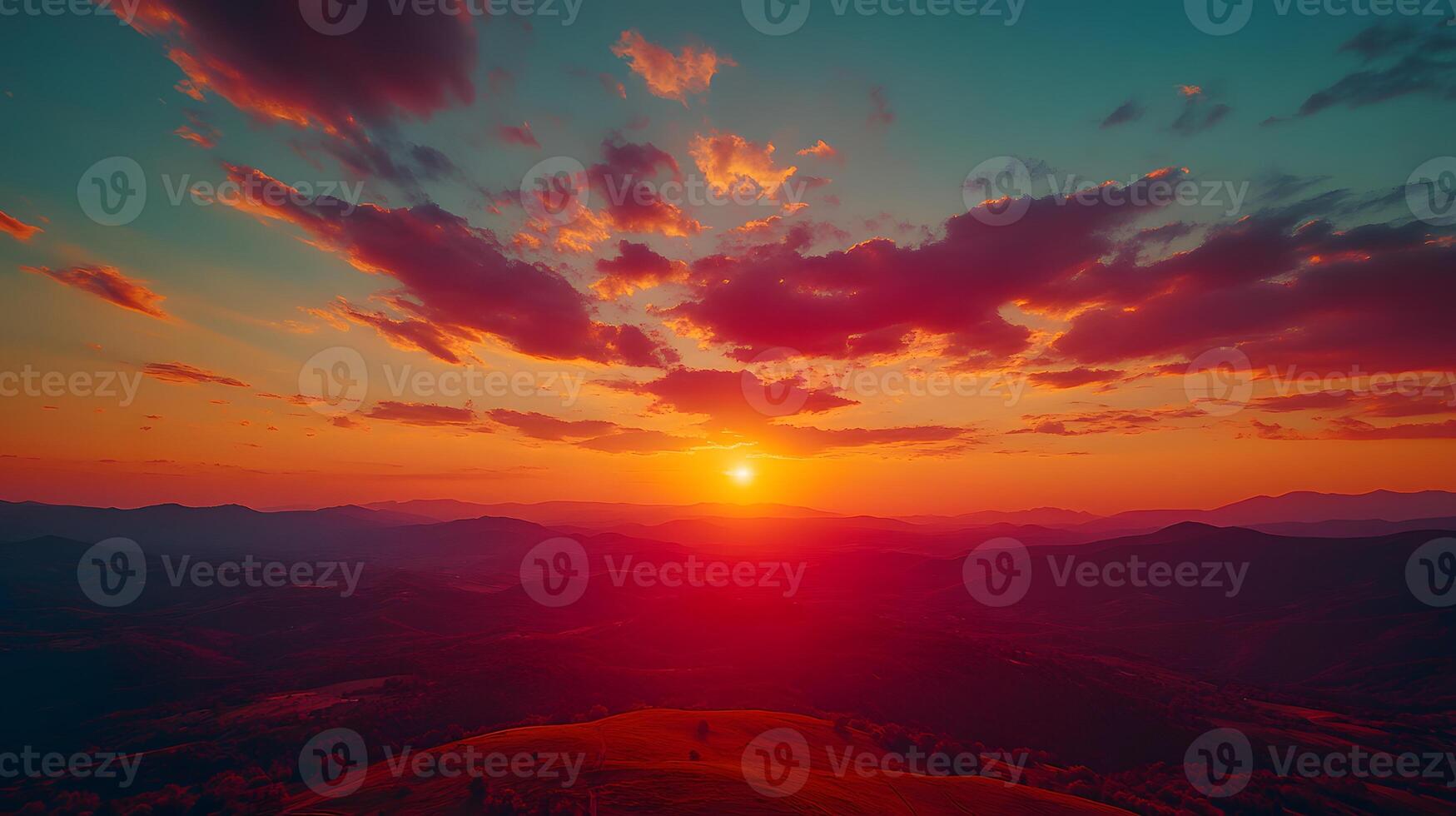 Dramatic sunset displays vibrant orange and deep red gradient with dark crimson clouds, creating majestic dusk horizon and ethereal evening glow in tranquil landscape composition. hour photo