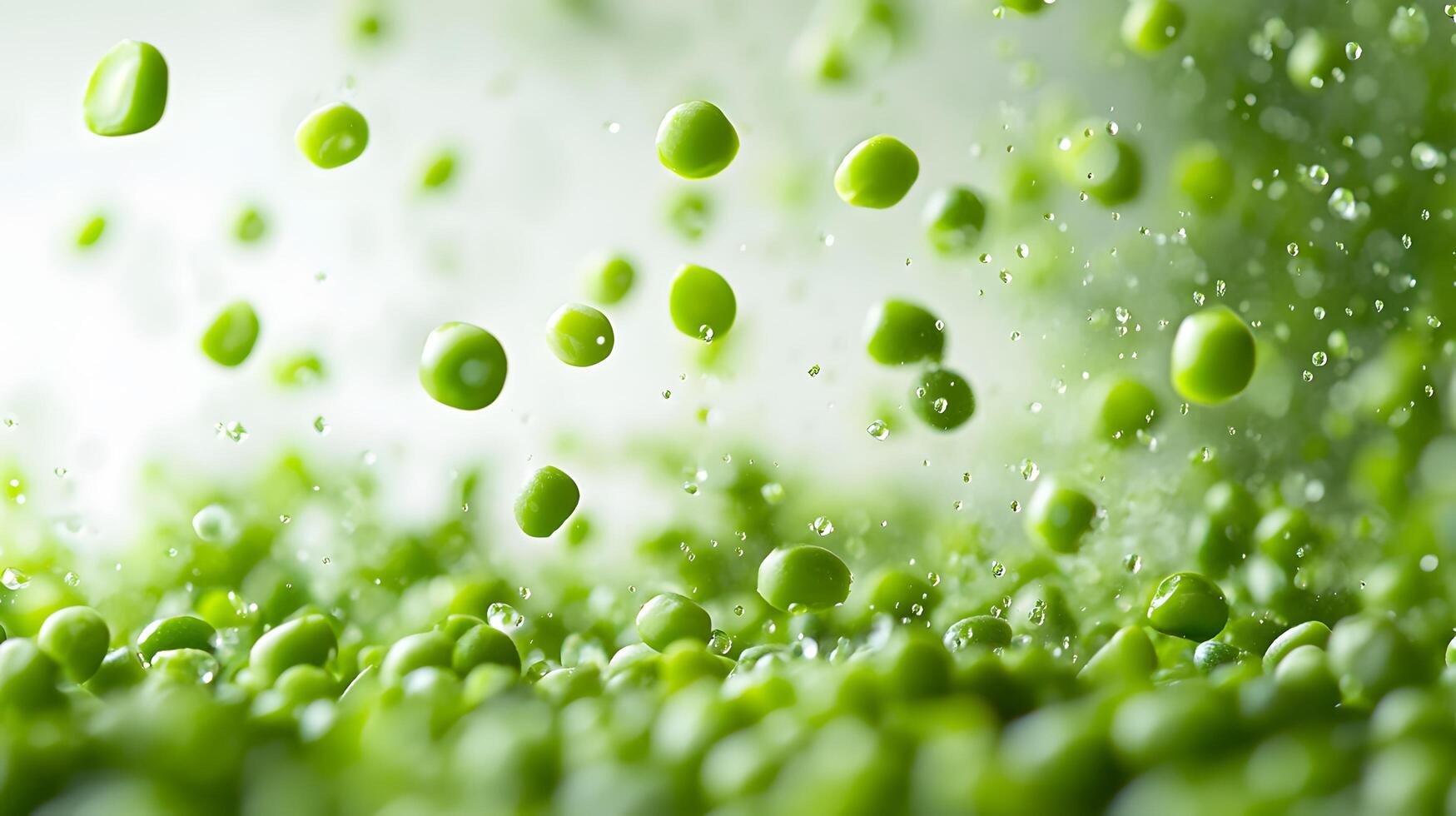 Fresh green peas scatter across pure white background in floating, levitating composition, highlighting vibrant vegetables in clean minimalist style with bright macro photography. peas photo