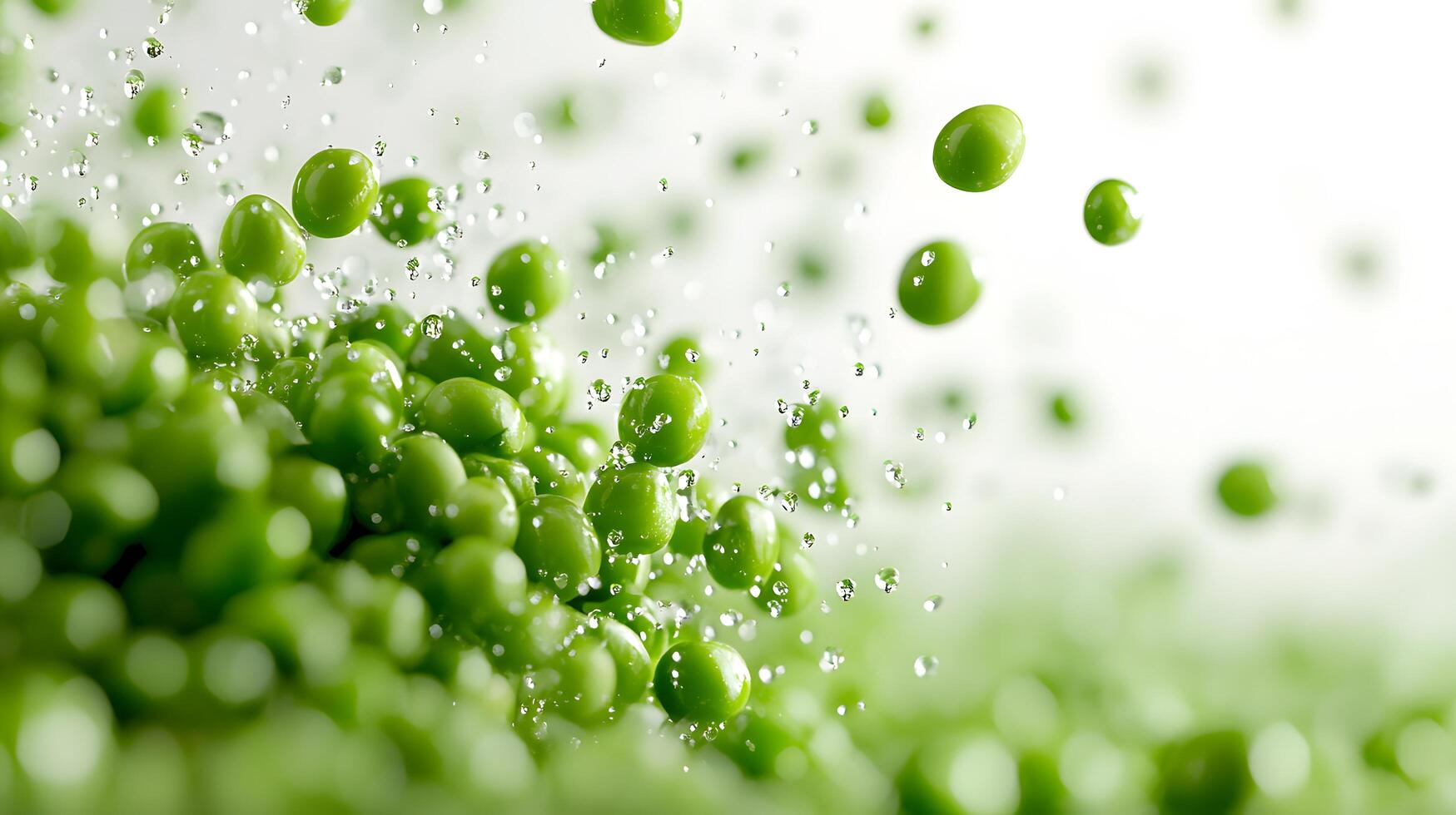 Fresh green peas scatter across pure white background in floating, levitating composition, highlighting vibrant vegetables in clean minimalist style with bright macro photography. levitating photo