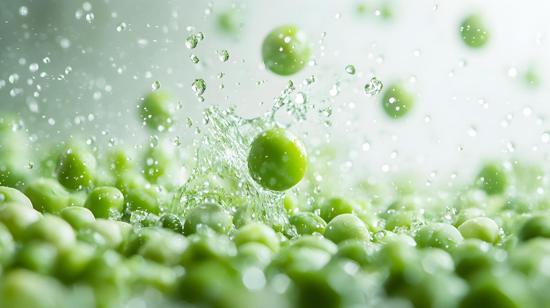 Fresh green peas scatter across pure white background in floating, levitating composition, highlighting vibrant vegetables in clean minimalist style with bright macro photography. fresh photo