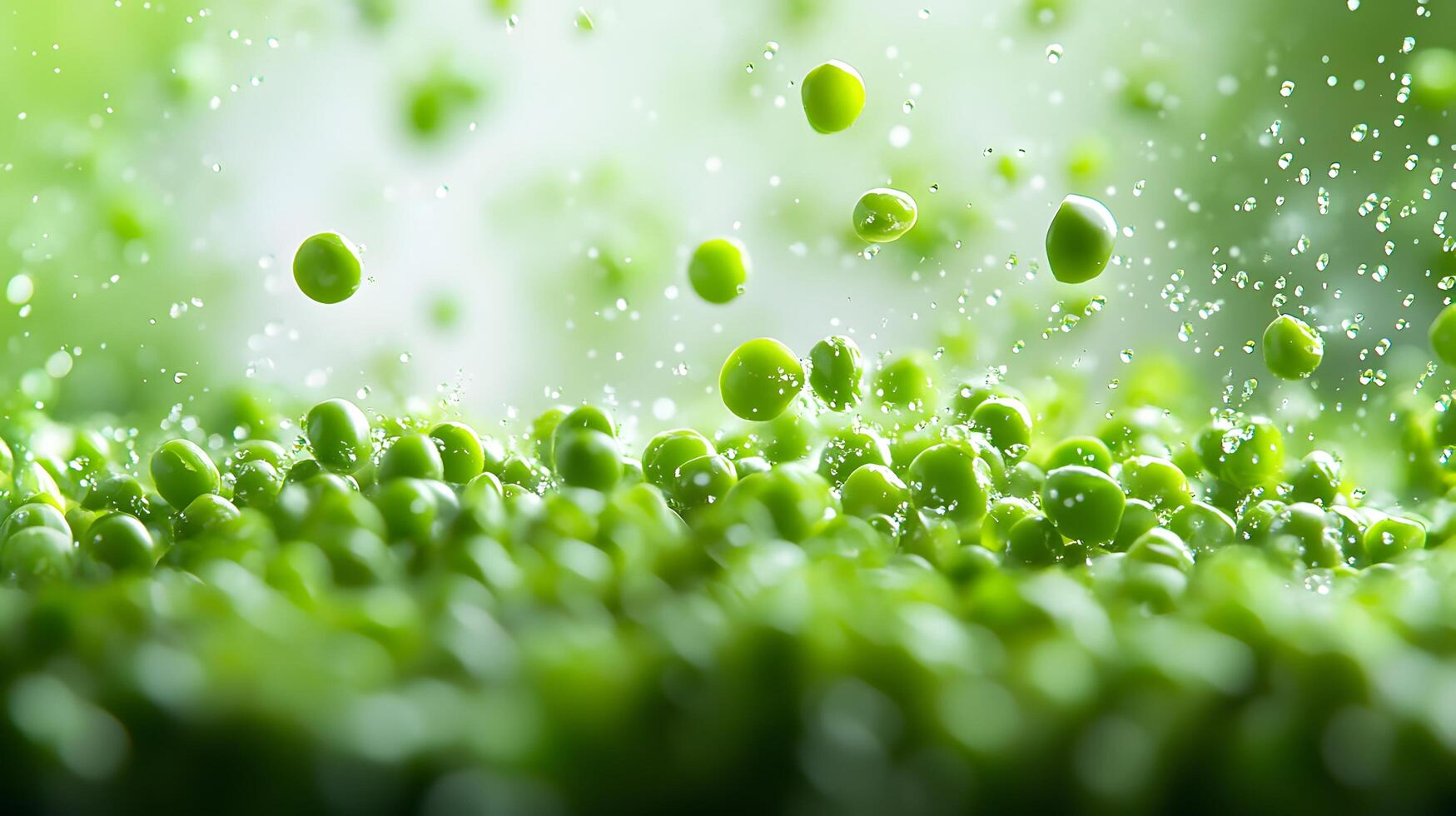 Fresh green peas scatter across pure white background in floating, levitating composition, highlighting vibrant vegetables in clean minimalist style with bright macro photography. floating photo