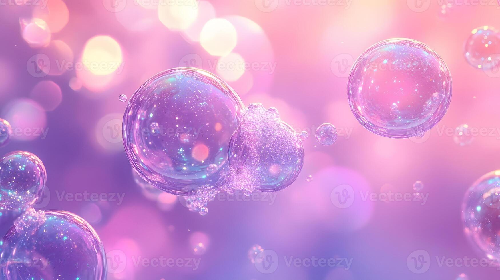 Iridescent soap bubbles float in pastel sky with rainbow reflections, creating magical atmosphere through translucent spheres and holographic effects in delicate macro photography. ethereal photo