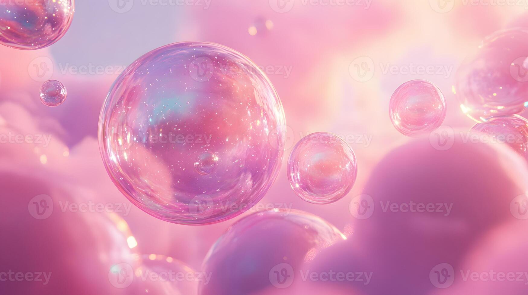 Iridescent soap bubbles float in pastel sky with rainbow reflections, creating magical atmosphere through translucent spheres and holographic effects in delicate macro photography. light photo