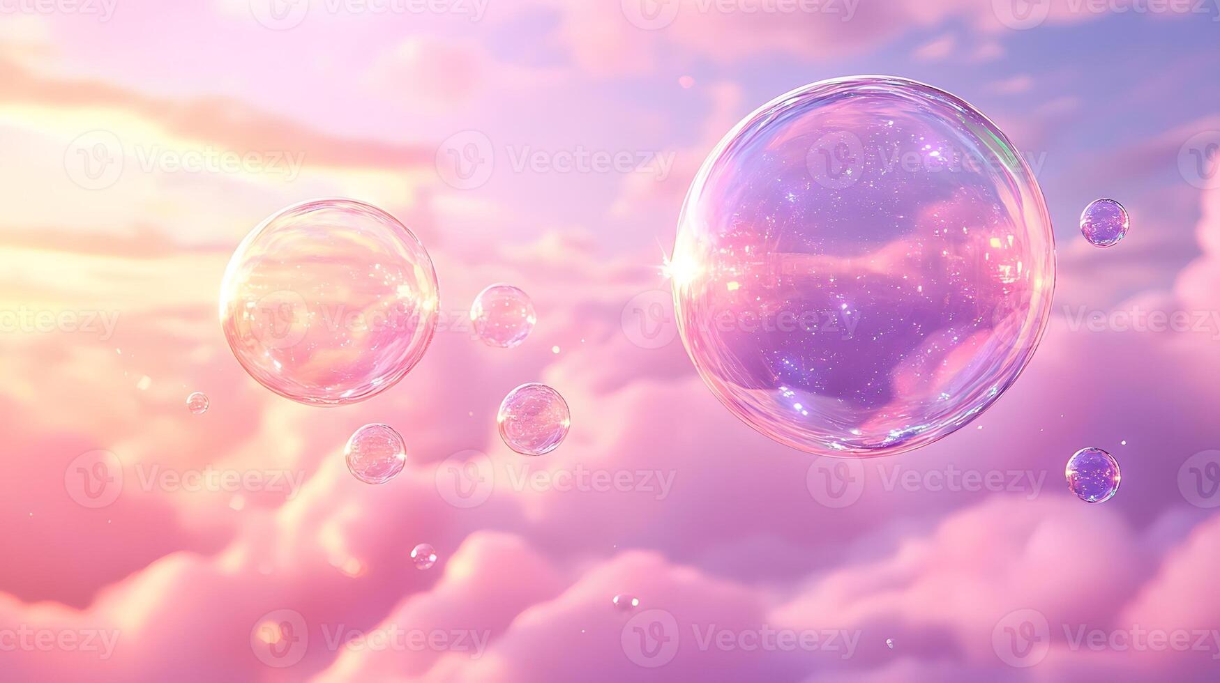 Iridescent soap bubbles float in pastel sky with rainbow reflections, creating magical atmosphere through translucent spheres and holographic effects in delicate macro photography. ephemeral photo