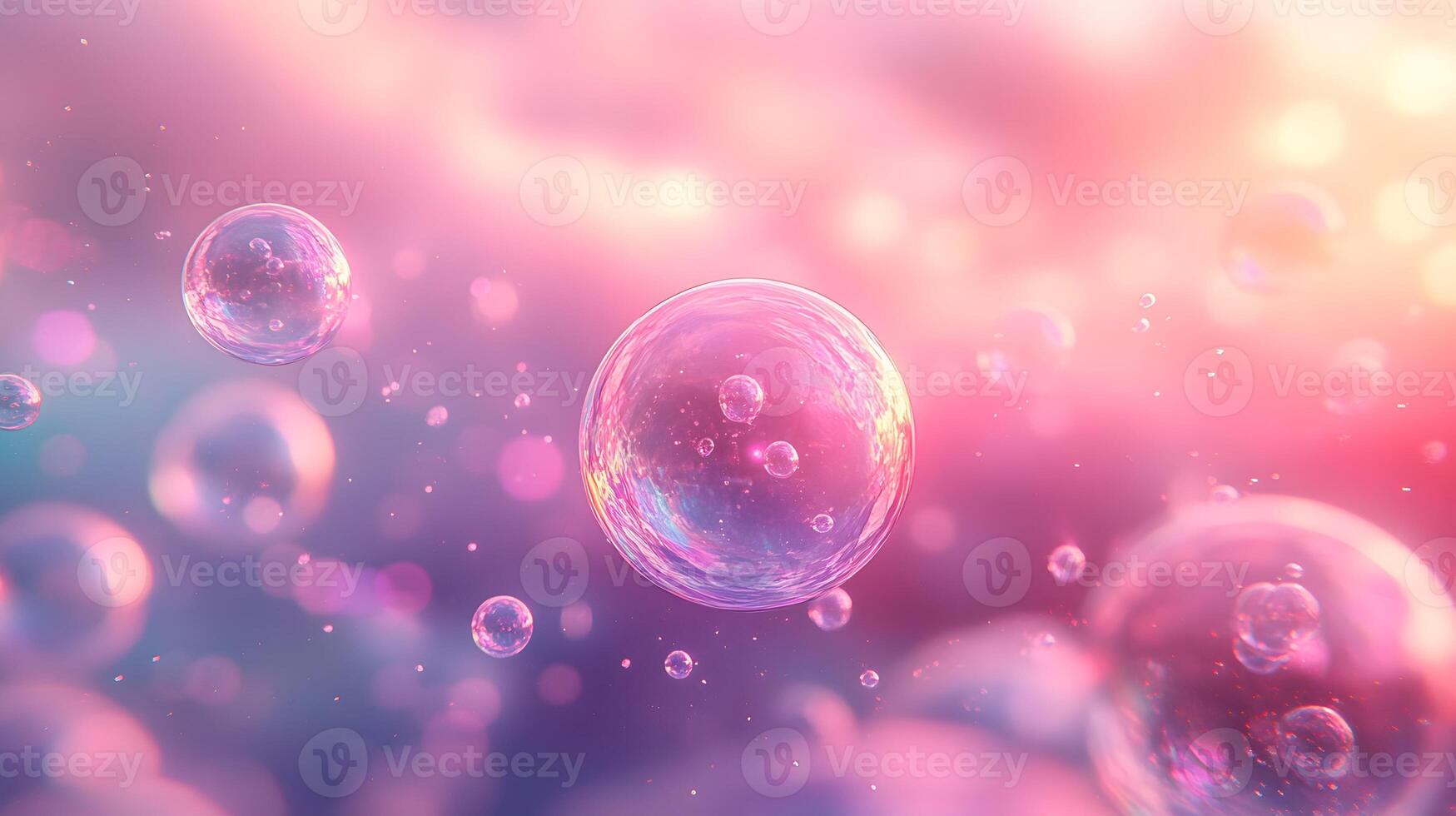 Iridescent soap bubbles float in pastel sky with rainbow reflections, creating magical atmosphere through translucent spheres and holographic effects in delicate macro photography. gentle photo