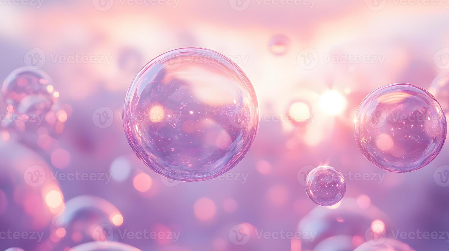 Iridescent soap bubbles float in pastel sky with rainbow reflections, creating magical atmosphere through translucent spheres and holographic effects in delicate macro photography. luminous photo