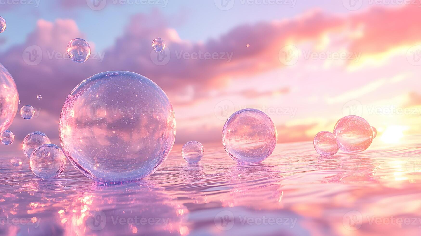 Iridescent soap bubbles float in pastel sky with rainbow reflections, creating magical atmosphere through translucent spheres and holographic effects in delicate macro photography. shimmering photo
