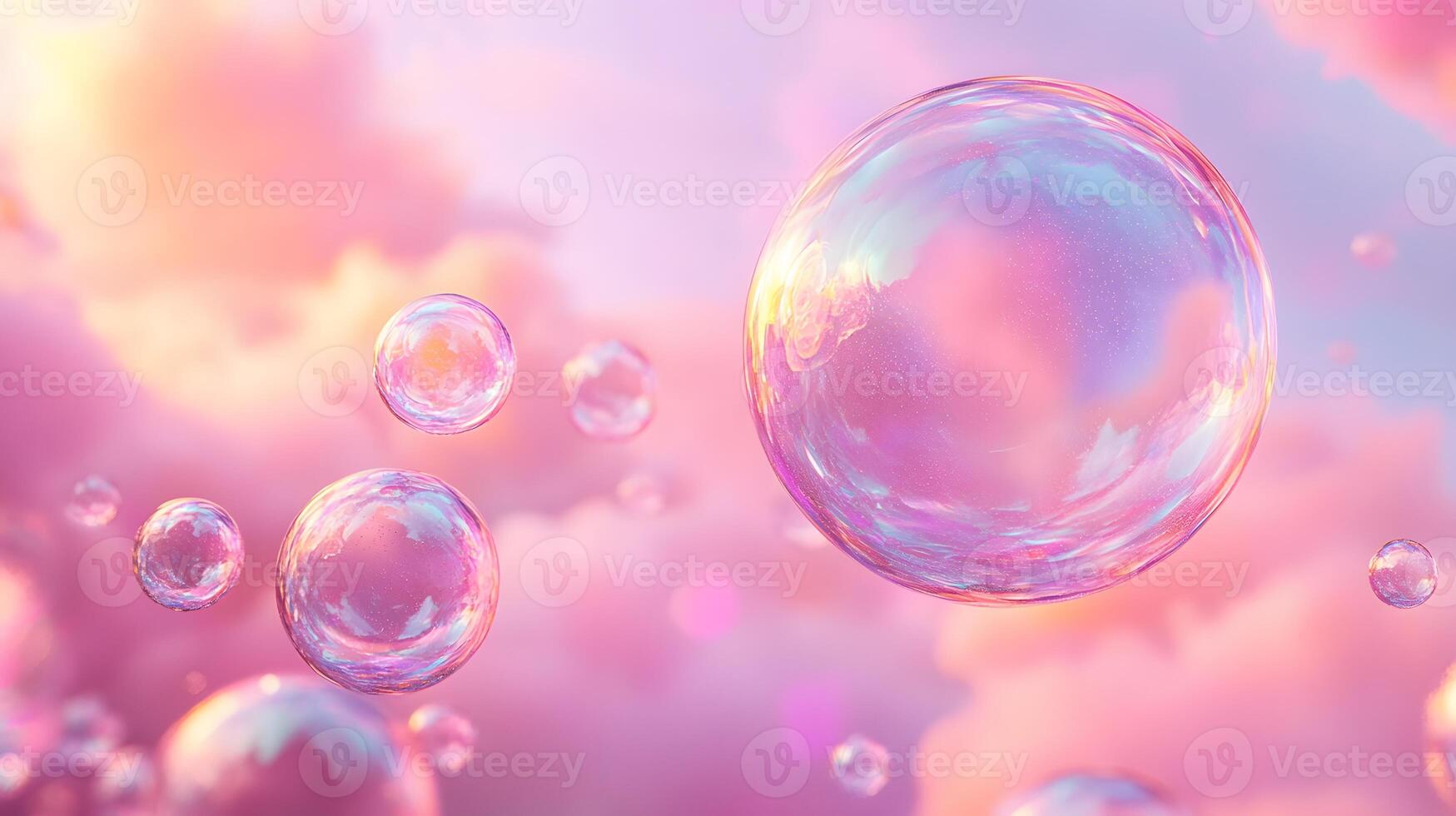 Iridescent soap bubbles float in pastel sky with rainbow reflections, creating magical atmosphere through translucent spheres and holographic effects in delicate macro photography. fragile photo