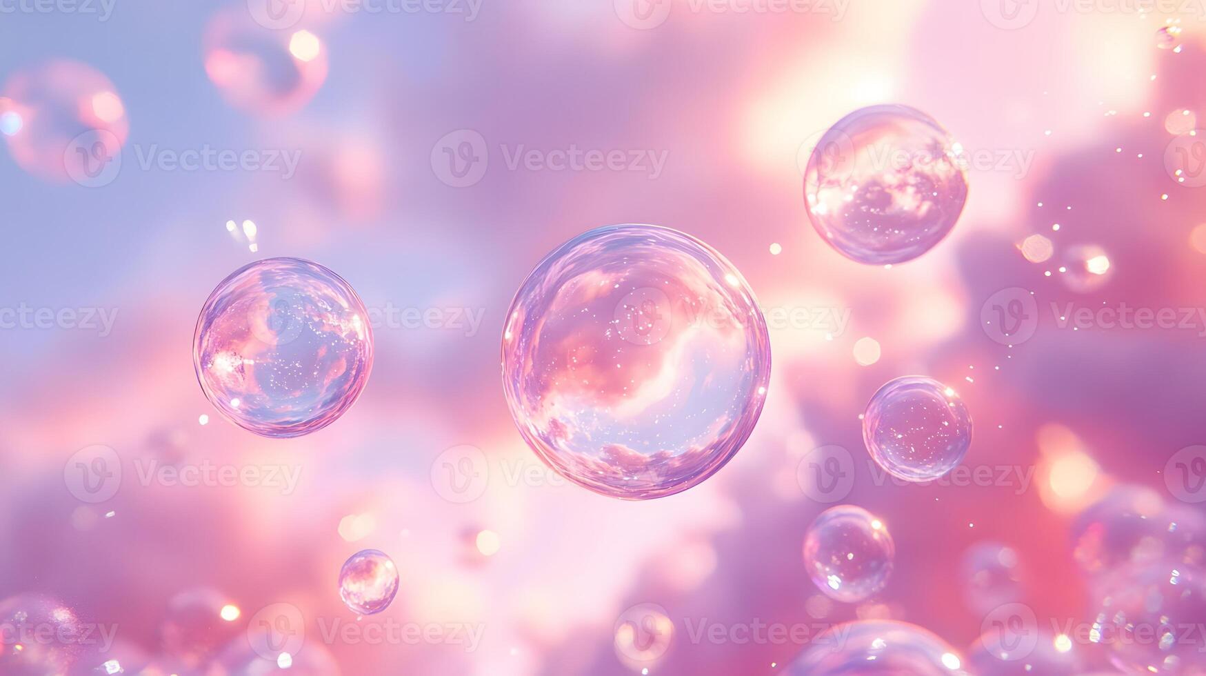 Iridescent soap bubbles float in pastel sky with rainbow reflections, creating magical atmosphere through translucent spheres and holographic effects in delicate macro photography. bubbles photo