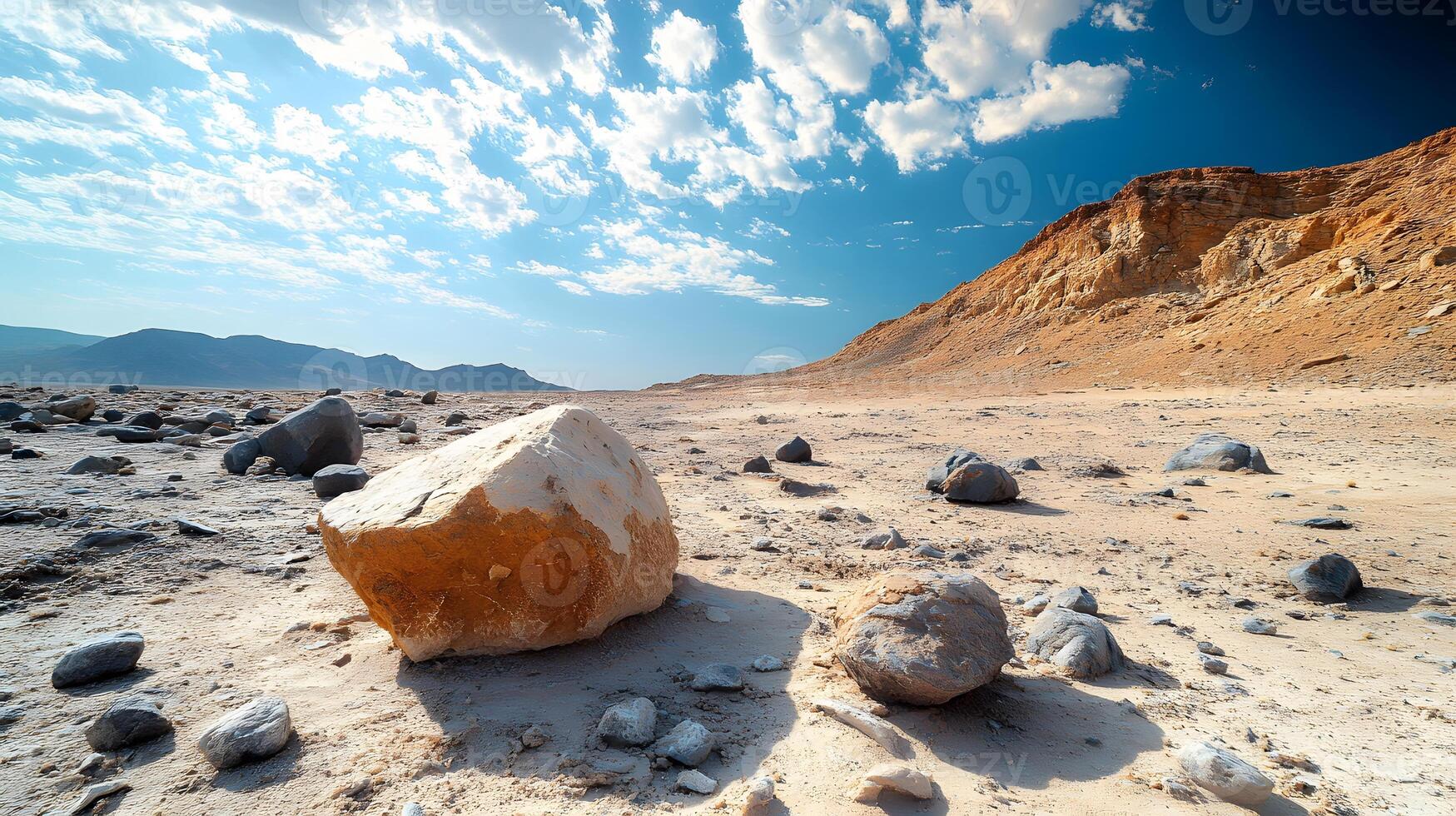 Rocky desert terrain displays scattered boulders and stones across sandy landscape, featuring dramatic blue sky, white clouds, and rugged mountain slope in wide-angle perspective. erosion photo