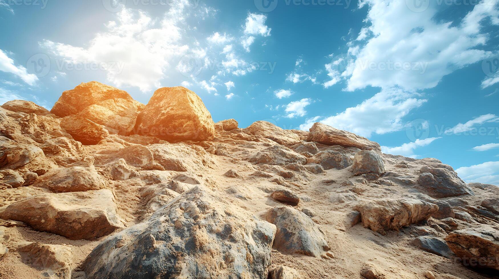 Rocky desert terrain displays scattered boulders and stones across sandy landscape, featuring dramatic blue sky, white clouds, and rugged mountain slope in wide-angle perspective. barren photo