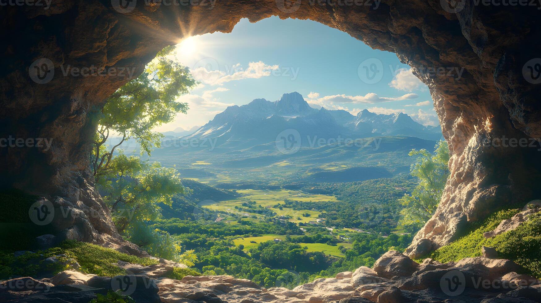 Scenic mountain vista viewed through natural rock arch window reveals dramatic cave opening, lush green valley, and distant blue mountains in majestic panoramic composition. erosion photo