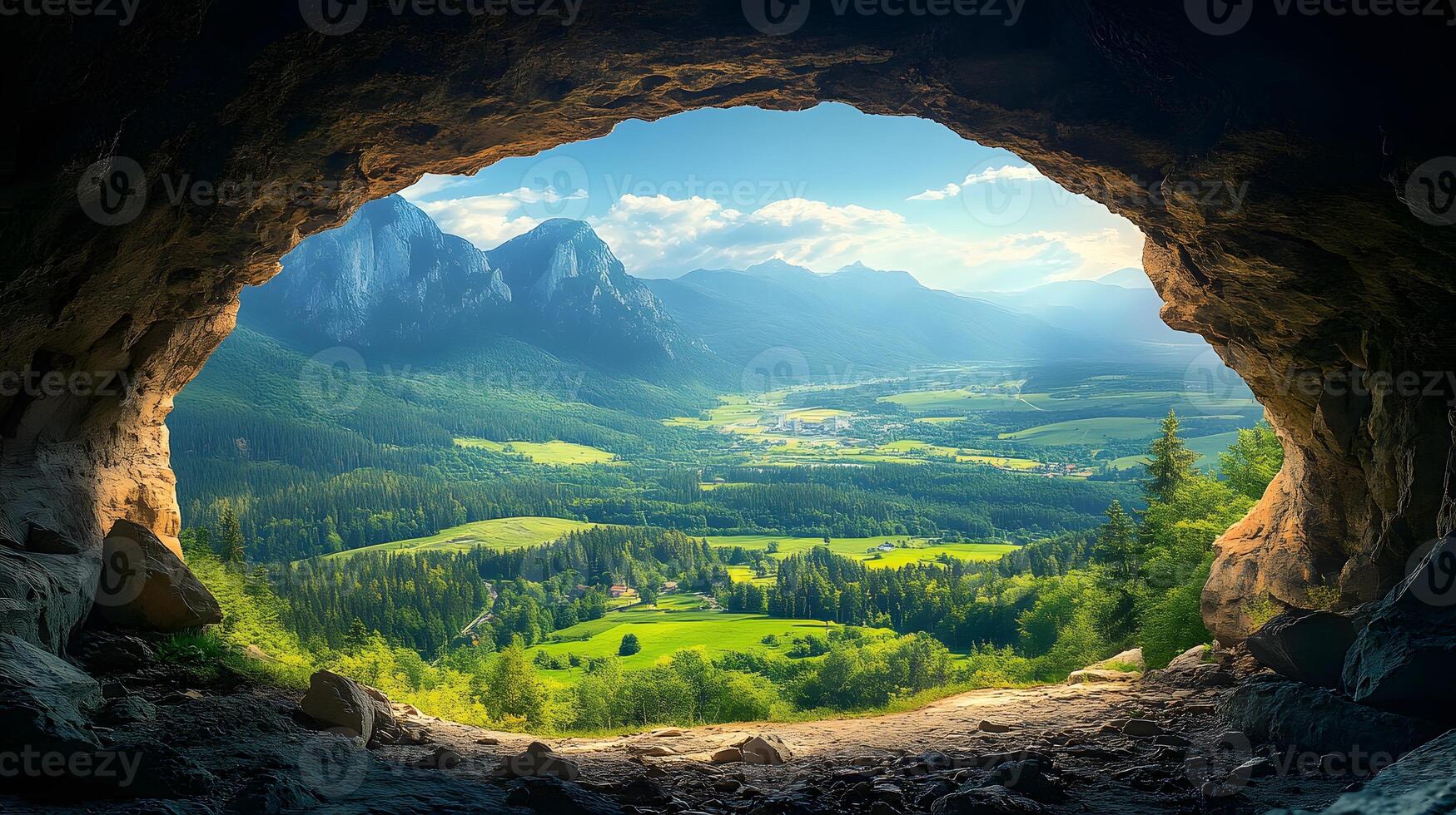 Scenic mountain vista viewed through natural rock arch window reveals dramatic cave opening, lush green valley, and distant blue mountains in majestic panoramic composition. ancient photo
