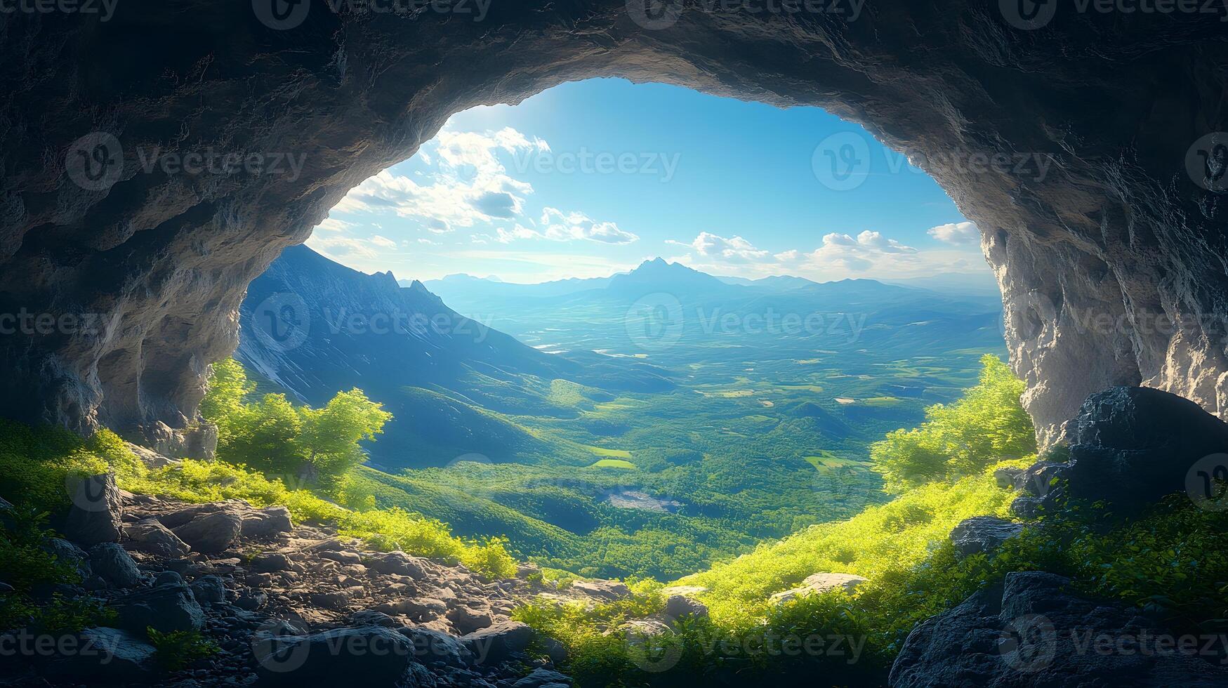 Scenic mountain vista viewed through natural rock arch window reveals dramatic cave opening, lush green valley, and distant blue mountains in majestic panoramic composition. sculpted photo