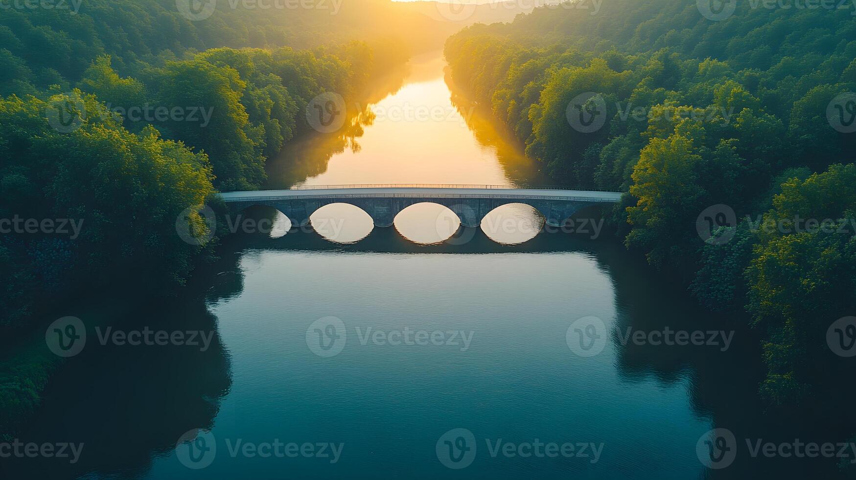 Modern bridge spans tranquil river during golden sunset, surrounded by lush forests with perfect water reflections, captured from drone perspective in misty evening atmosphere. sunset photo