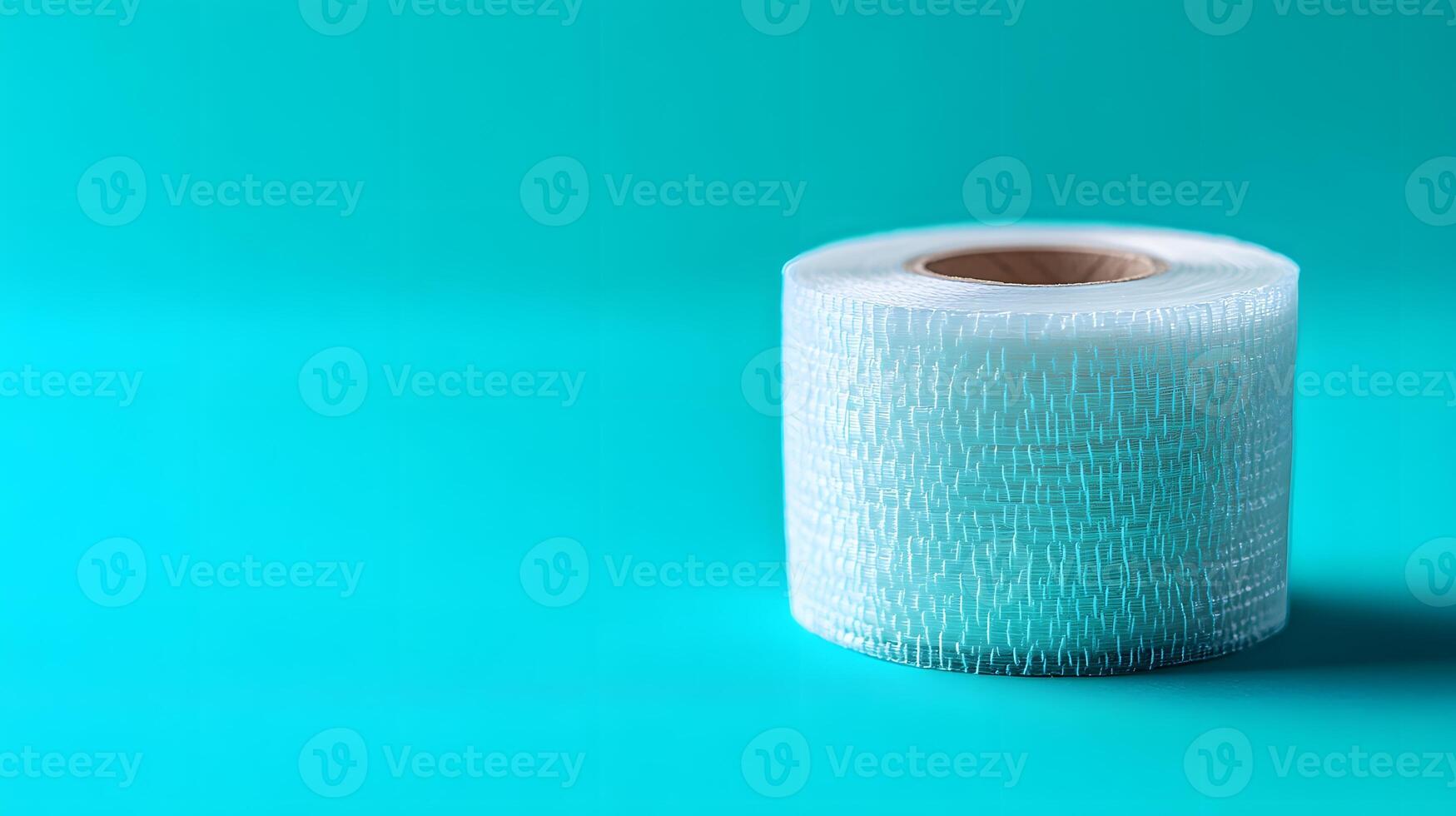 Medical adhesive tape roll shows clear transparent material against turquoise background, featuring clean lines and visible texture in professional studio lighting. turquoise photo