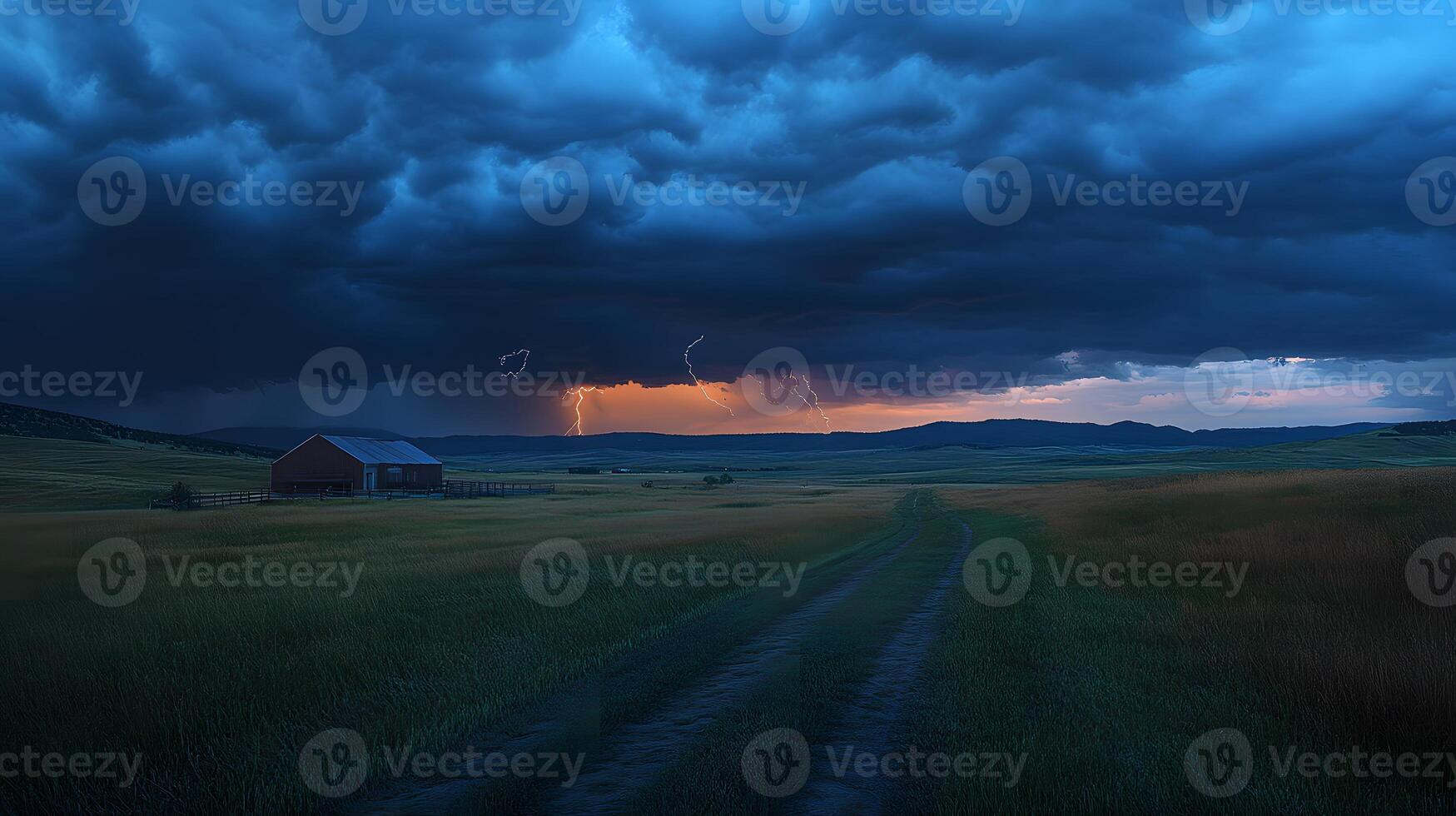 Lightning bolt strikes dramatically over grass field against stormy sky, showcasing nature's raw power with electric blue flash through dark storm clouds at dusk. lightning photo