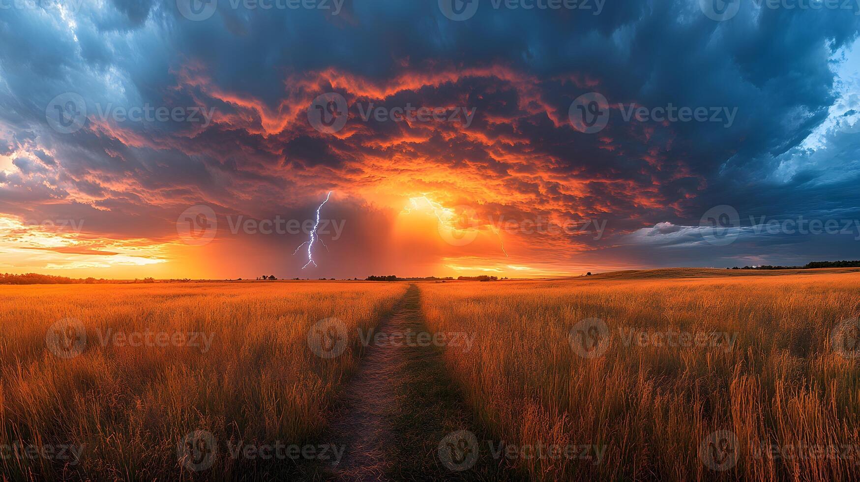 Lightning bolt strikes dramatically over grass field against stormy sky, showcasing nature's raw power with electric blue flash through dark storm clouds at dusk. clouds photo