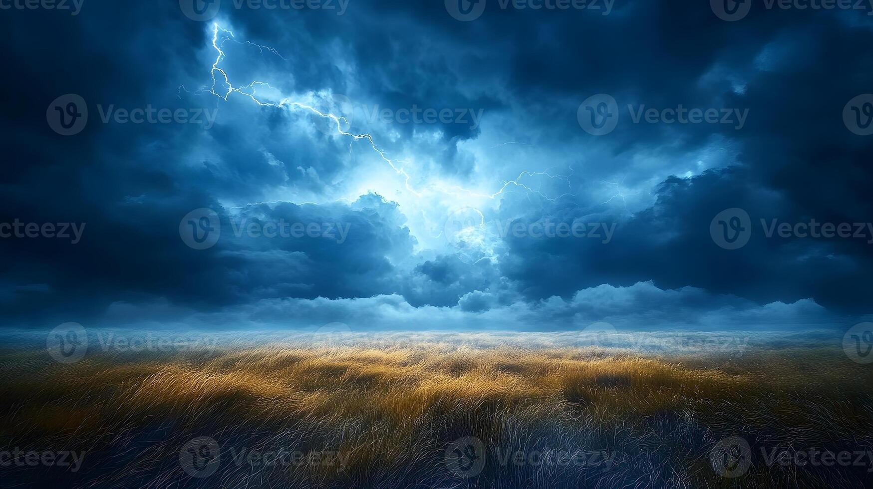Lightning bolt strikes dramatically over grass field against stormy sky, showcasing nature's raw power with electric blue flash through dark storm clouds at dusk. power photo