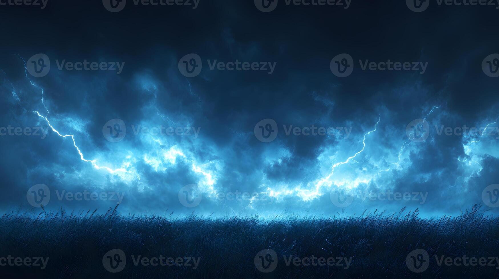 Lightning bolt strikes dramatically over grass field against stormy sky, showcasing nature's raw power with electric blue flash through dark storm clouds at dusk. electric photo