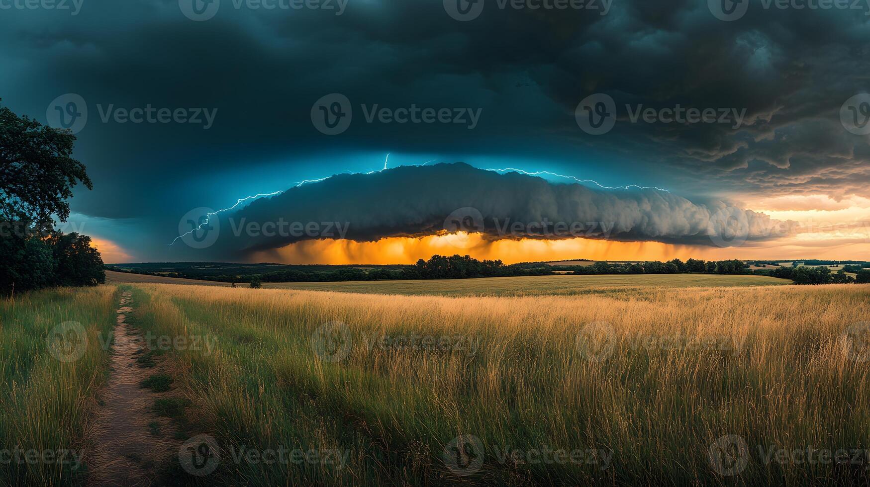 Lightning bolt strikes dramatically over grass field against stormy sky, showcasing nature's raw power with electric blue flash through dark storm clouds at dusk. moody photo
