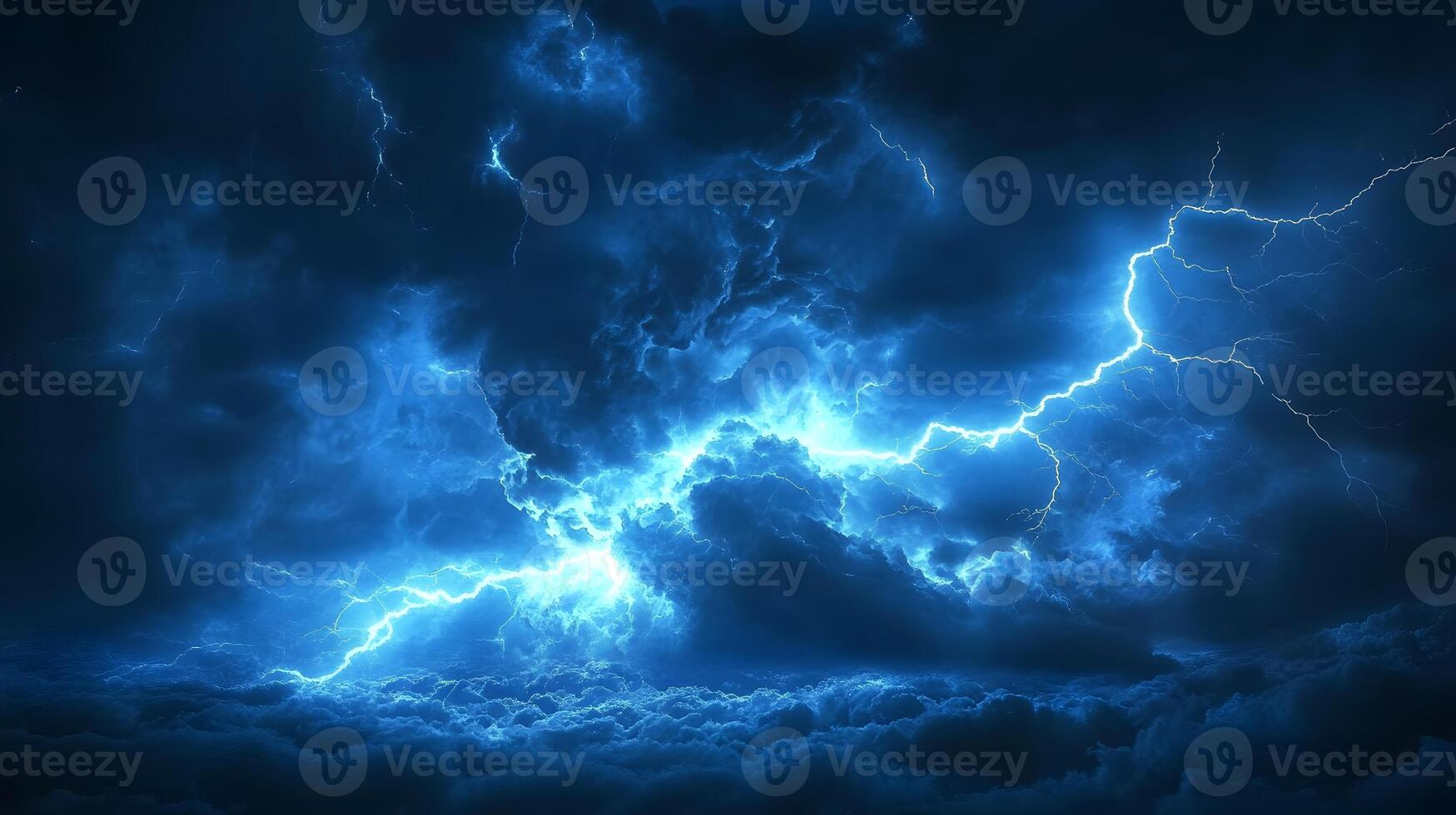 Lightning bolt strikes dramatically over grass field against stormy sky, showcasing nature's raw power with electric blue flash through dark storm clouds at dusk. thunderstorm photo