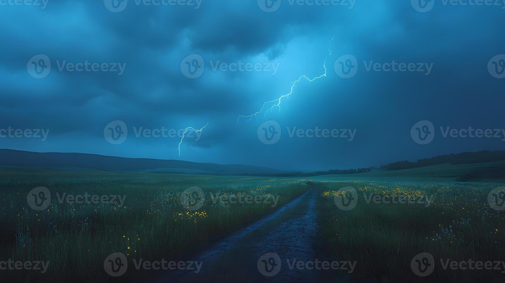 Lightning bolt strikes dramatically over grass field against stormy sky, showcasing nature's raw power with electric blue flash through dark storm clouds at dusk. sky photo
