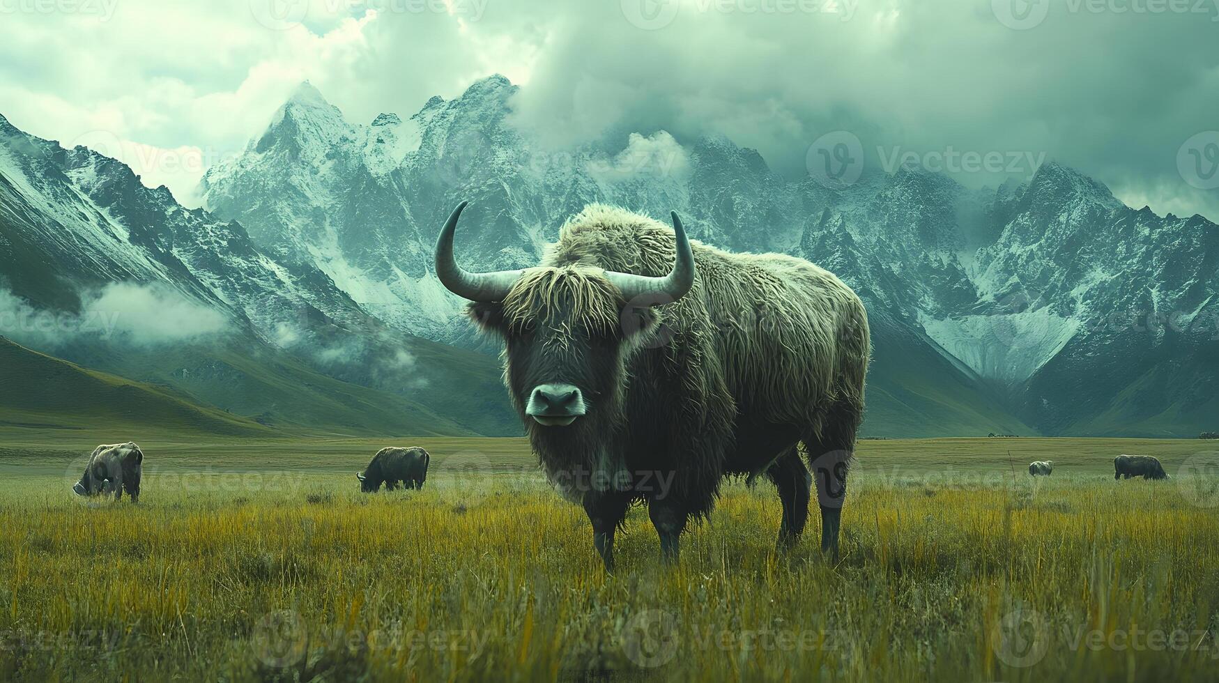 Majestic yak stands on vast Tibetan plateau grassland with snow-capped mountains backdrop, showcasing curved horns and fluffy brown fur in pristine wilderness setting. Tibetan photo