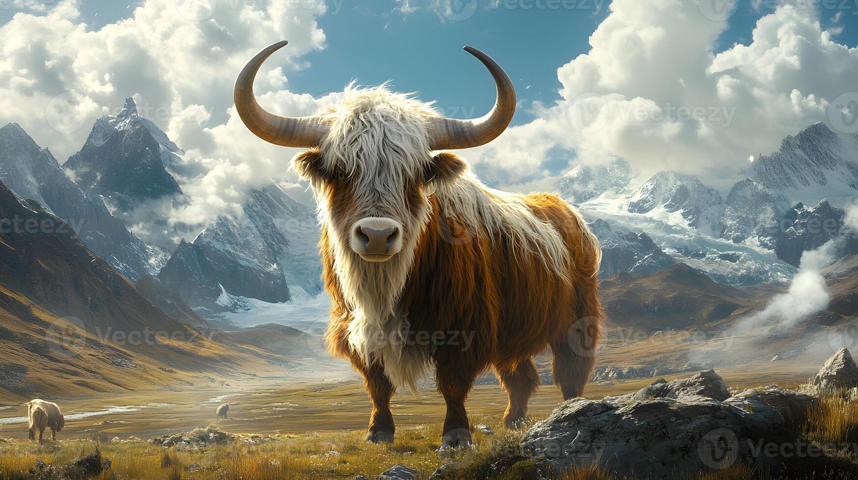 Majestic yak stands on vast Tibetan plateau grassland with snow-capped mountains backdrop, showcasing curved horns and fluffy brown fur in pristine wilderness setting. epic photo