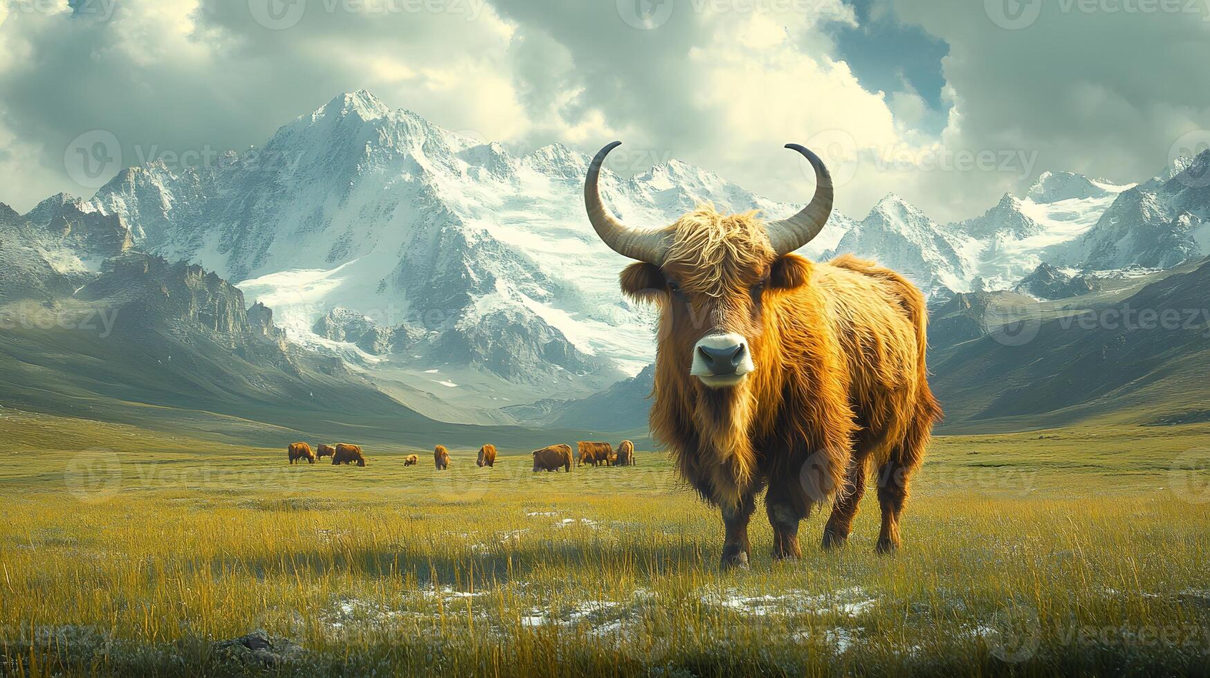 Majestic yak stands on vast Tibetan plateau grassland with snow-capped mountains backdrop, showcasing curved horns and fluffy brown fur in pristine wilderness setting. terrain photo