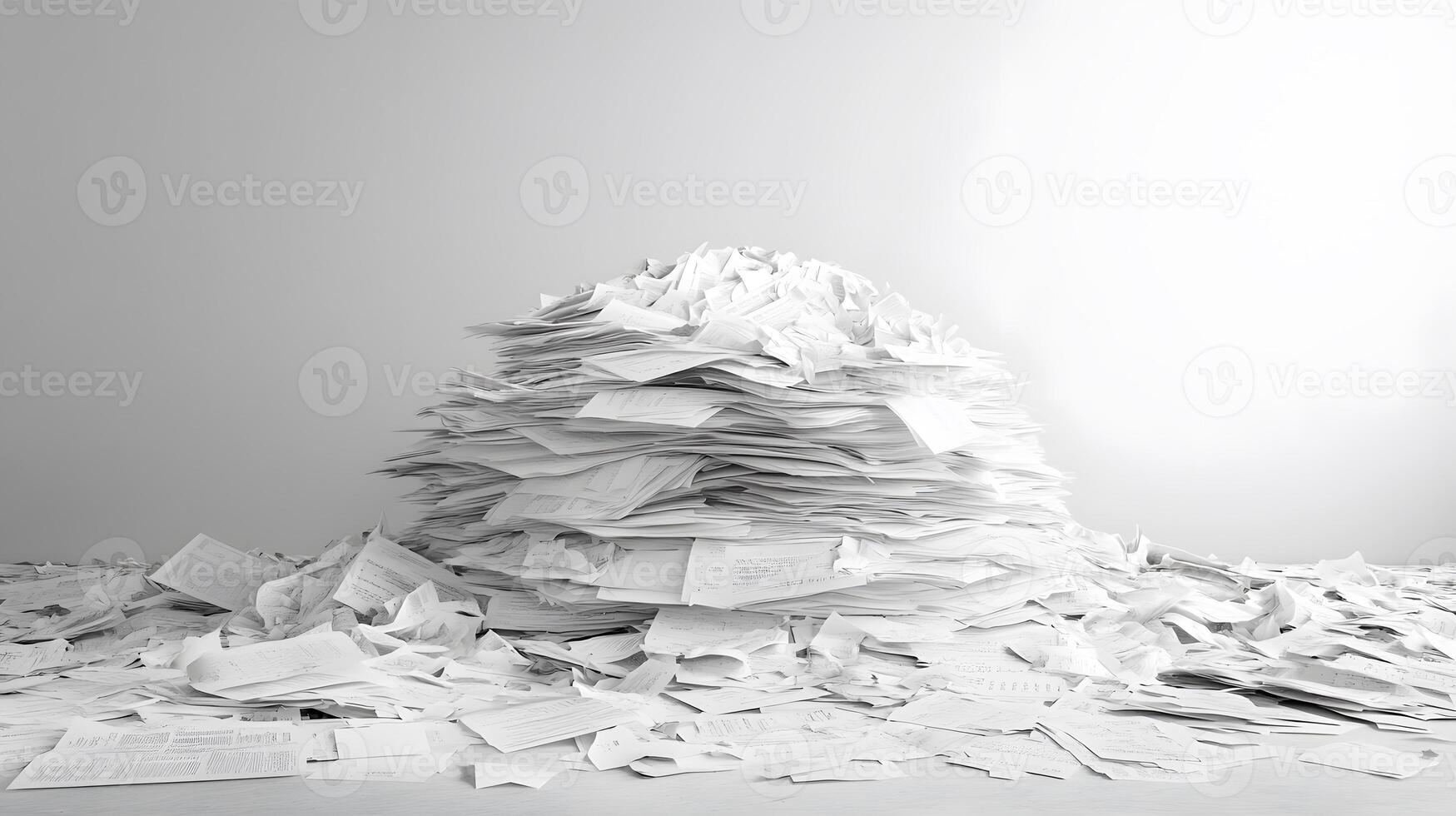 Messy stack of bills and invoices creates chaotic heap of white office papers and financial statements, showing administrative clutter against clean background. bureaucracy photo