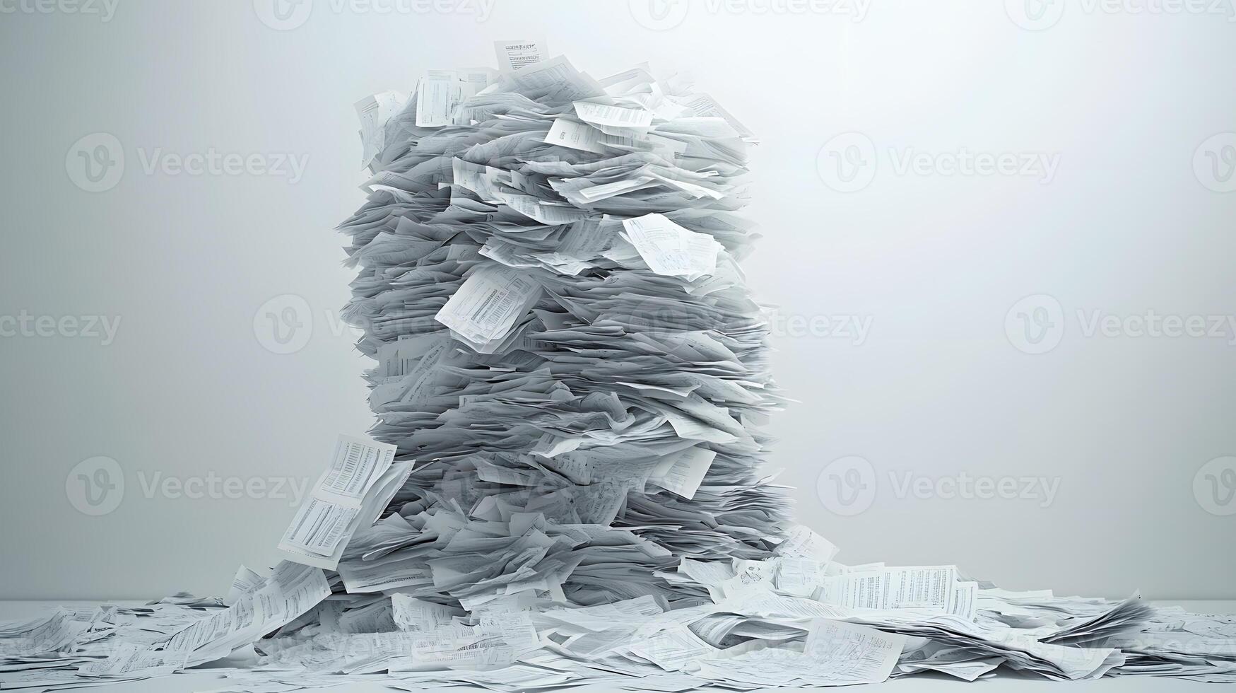 Messy stack of bills and invoices creates chaotic heap of white office papers and financial statements, showing administrative clutter against clean background. commercial photo