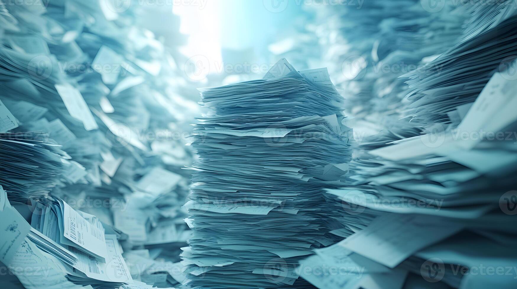 Messy stack of bills and invoices creates chaotic heap of white office papers and financial statements, showing administrative clutter against clean background. deadline photo