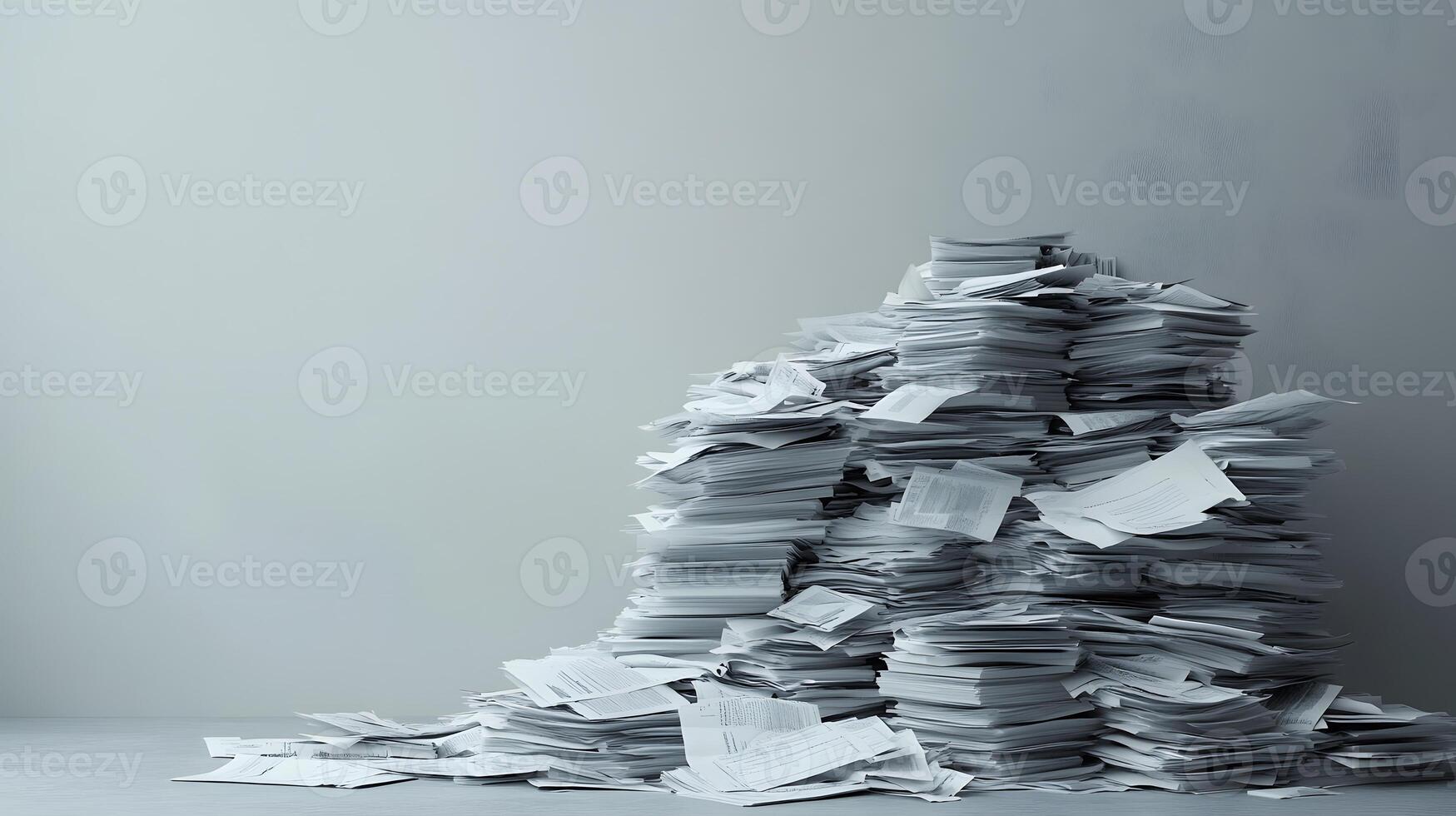 Messy stack of bills and invoices creates chaotic heap of white office papers and financial statements, showing administrative clutter against clean background. correspondence photo