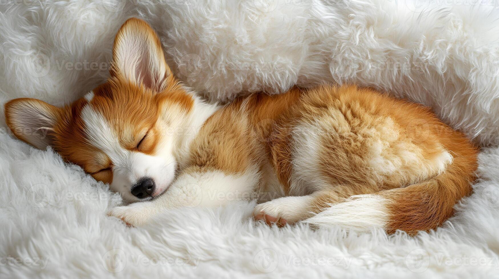 Pembroke Welsh Corgi puppy sleeps peacefully in curled position, showing fluffy orange and white fur against minimalist background with soft natural lighting. warm photo