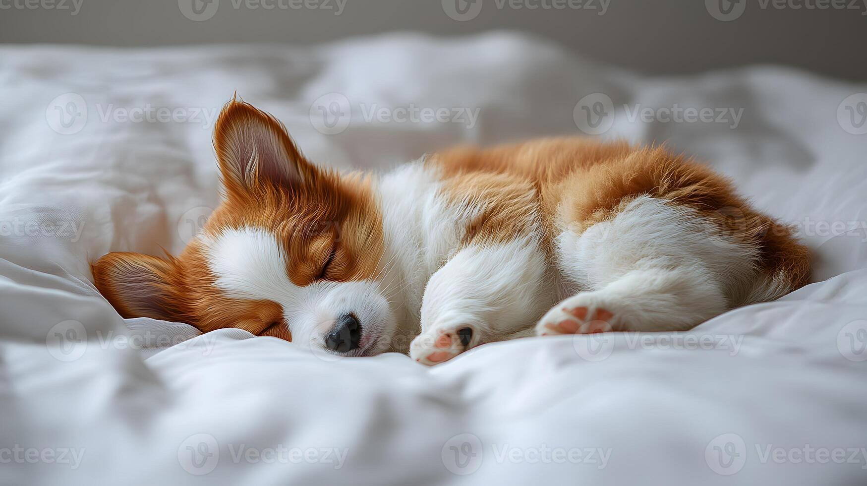 Pembroke Welsh Corgi puppy sleeps peacefully in curled position, showing fluffy orange and white fur against minimalist background with soft natural lighting. adorable photo