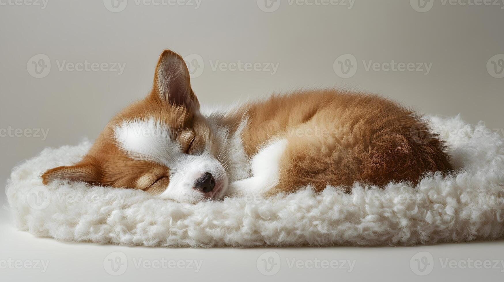 Pembroke Welsh Corgi puppy sleeps peacefully in curled position, showing fluffy orange and white fur against minimalist background with soft natural lighting. companion photo