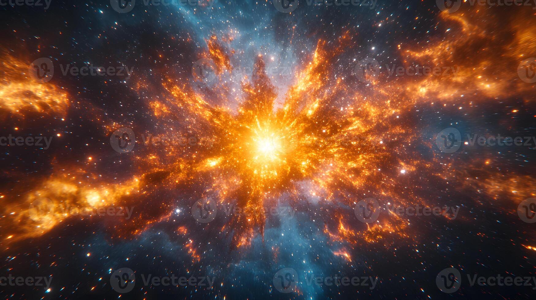 Spectacular supernova explosion illuminates deep space with blue and orange nebula colors, showcasing stellar collision amid star clusters and interstellar dust in cosmic energy burst. cosmic photo